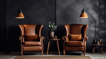 Living room with two beautiful and stylish luxury leather armchairs in front of a dark empty wall with a lamp. Generative Ai