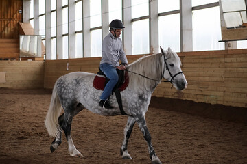 People on a horse training in a wooden arena