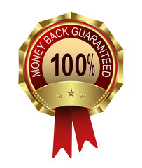 Round emblem of red color with gilding and ribbons, money back guarantee