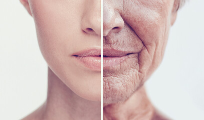 Comparison, old and young women faces in studio for skincare, wrinkles and anti aging care. Face,...