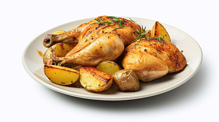 Roasted chicken and potatoes on white plate, white isolated background, generative ai