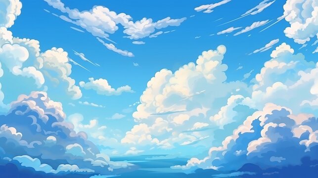 Blue sky with clouds. Anime style background with shining sun and white fluffy clouds. Sunny day sky scene cartoon vector illustration. Heavens with bright weather, generative ai
