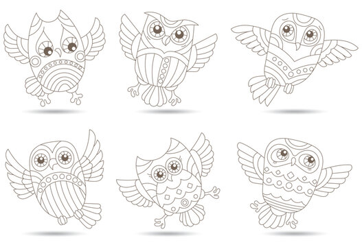 A set of contour illustrations in the style of stained glass with cartoon owls, animals isolated on a white background