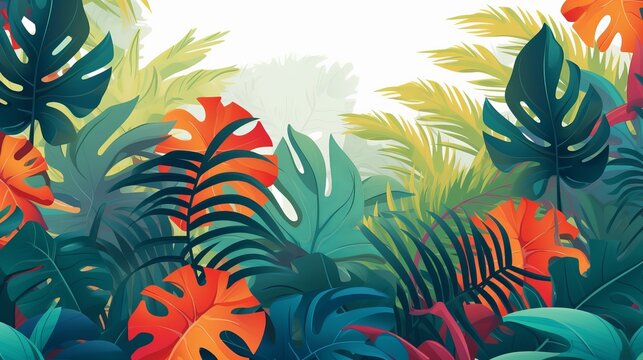 Hello Summer concept design, summer panorama, abstract illustration with jungle exotic leaves, colorful design, summer background and banner generative ai