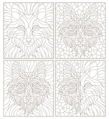 A set of contour illustrations in the style of stained glass with abstract foxes, dark contours on a white background
