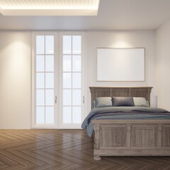 Fototapeta na wymiar Interior mock up style modern small bedroom. Wall mounted near the door with a picture frame above the headboard.3d rendering
