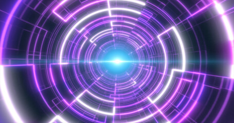 Obraz premium Abstract purple glowing neon laser tunnel futuristic hi-tech with energy lines, abstract background