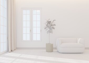 Modern style white living room interior mockup There is light shining through the room.3d rendering