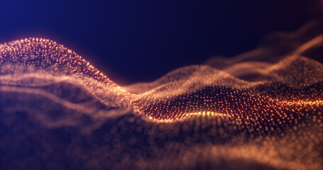 Abstract yellow orange energy waves from futuristic hi-tech particles glowing background