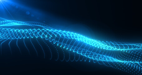 Abstract blue glowing waves from particles and dots energy magical futuristic hi-tech, abstract background