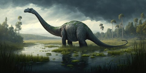 Prehistoric creature or dinosaur in the wild nature. Realistic style drawing. superlative generative AI image.