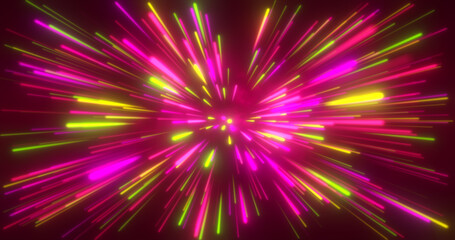 Abstract tunnel of multicolored red glowing bright neon laser energy beams lines abstract background