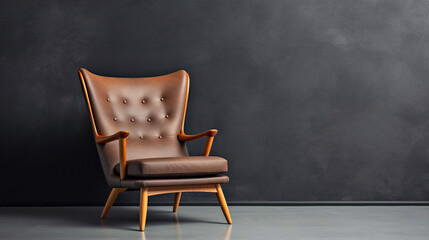 A beautiful and stylish brown leather armchair in front of a dark grey empty wall. Generative Ai