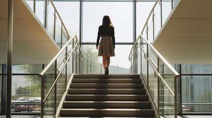 A business woman walking up a staircase in a modern office. female leadership. Generative ai