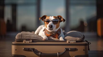 summer vacation dog in bag full of holiday items Generative AI