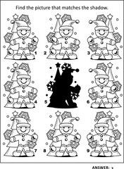 Shadow game with cute gingerbread man decorating christmas tree: Find the picture that matches the shadow. Answer included.
