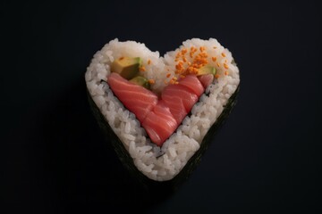 Salmon sushi roll in the shape of a heart on a dark background, AI Generative