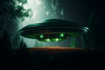 Fototapeta na wymiar Green UFO hovering with a solid background. Generative AI