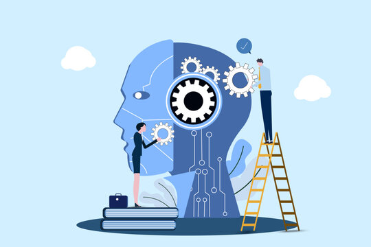 Businessman or businesswoman  with Gears at Huge Cyborg Head. Artificial Intelligence, Machine Learning and Training Concept, Robotic Process Automatization, Ai. Cartoon People Vector Illustration.