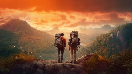 A couple walking down a path with a mountain in the background