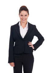 Portrait, happy and business woman in studio confident, young and empowered on white background. Face, smile and female manager person posing with positivity, proud and professional while isolated