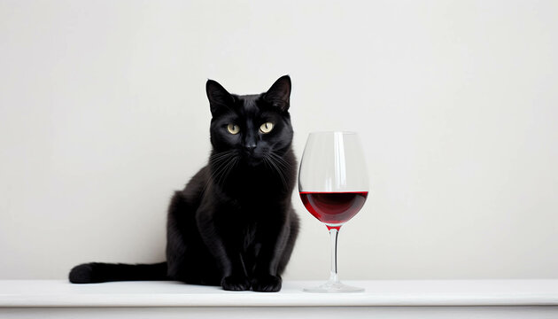 Black cat with glass of wine. Ai generative