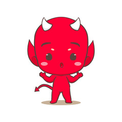 Cute red devil confused Cartoon Character. Halloween and monster Concept design. Isolated Flat Cartoon Style. Vector art illustration