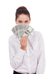 Portrait, studio money and hidden woman with cash prize, dollar bills giveaway or job salary, income or revenue. Financial freedom success, winner and professional person isolated on white background