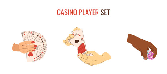 Vector casino player set. Cards and chips tricks. Multicultural casino players. Illustrations for gambling industry. Cards, rules and web banners for online casino