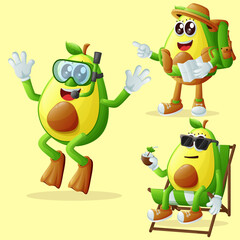 Cute avocado characters on vacation