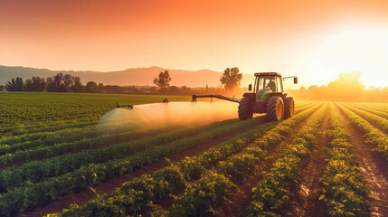 Fototapeta premium A tractor sprays pesticides on plantation field at sunset. Generative Ai