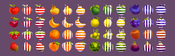 Isolated ui mobile game fruit with white stripes illustration for slot machine. Orange, apple, watermelon and grapes puzzle glossy set with vertical and horizontal stripe png app interface collection