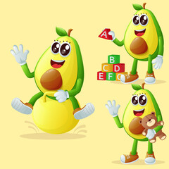 Cute avocado characters playing with kid toys