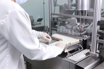 medicine liquid bottle jar medical factory industry cosmetic production pharmacy. Generative AI.