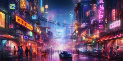 サイバーパンクの街並み風景,背景イメージ,Generative AI AI画像
