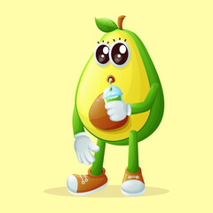 Cute avocado character drinking a green smoothie with a straw