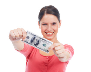 Finance, money and winner with portrait of woman for investment, success and growth. Cash, dollar and happy with face of girl customer isolated on white background for financial, deal and promotion
