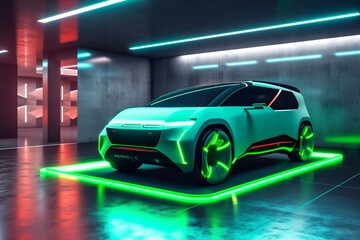industry underground automobile transport electric auto neon transportation parking car. Generative AI.