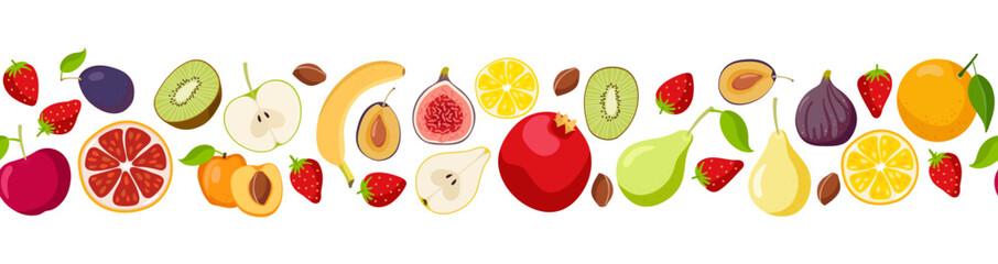 Seamless border with Fruits and berries. Fresh Natural organic food for menu, farm product design, market, vegetarian shop, greeting card and invitation, summer parties. Ingredients for cooking