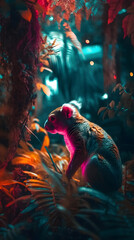 Exotic colourful animals in magical exotic tropical garden