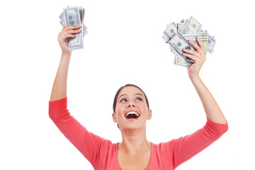 Money celebration, wow and studio woman excited for lotto win, competition prize or cash dollar award. Finance, payment or casino gambling, bingo or female poker winner isolated on white background