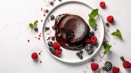 Molten chocolate cake with berries on white background, top view ai illustration 