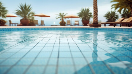 Fototapeta na wymiar Empty poolside surface with summer travel hotel swimming pool background. Generative Ai