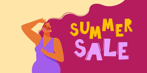 Obraz na płótnie Canvas Flat vector illustration. Summer time, girl in sunglasses with long hair. Summer sale. Perfect background for posters, covers, flyers, banners.