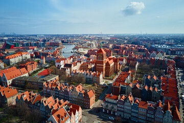 Aerial view of Gdansk city in Poland. Historical center in old town in european city. Panoramic view of modern european city