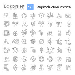 Reproductive choice linear icons set. Human pregnancy. Social issue. Well being. Reproductive right. Pro choice. Customizable thin line symbols. Isolated vector outline illustrations. Editable stroke