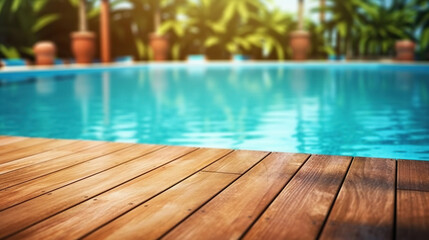 Empty wooden surface with summer travel hotel swimming pool background. Generative ai