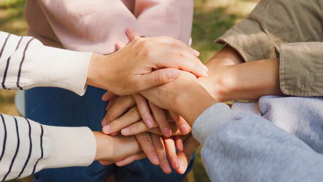 Close-up Of Diverse Multiracial Men And Women Group Sit In Circle Hold Hands Together Hope For Help People In Park. Support And Understand At Psychological Therapy Session, PTSD Mental Health Concept.