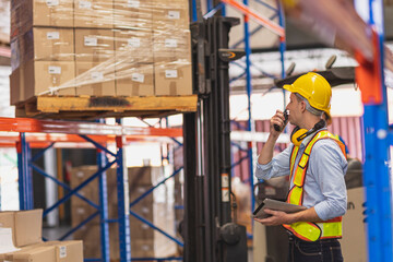 Factory Warehouse Worker Working Operate Loading Cargo In Shipping Area Inventory Control Foreman.