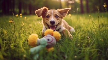 Generative AI. Wallpaper. Real photo. Happy dog. Adorable dog playing with his toy outdoors. Close-up. dog smiles, happy dog. charming, animal.